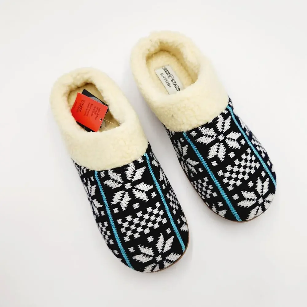 Deer Stags Men's Blue Fair Isle Knit Faux Fur Lodge Slipper Size L / 11-12